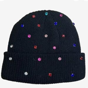 Black Knit Rhinestone Beanie with Multicolor Gem Accents